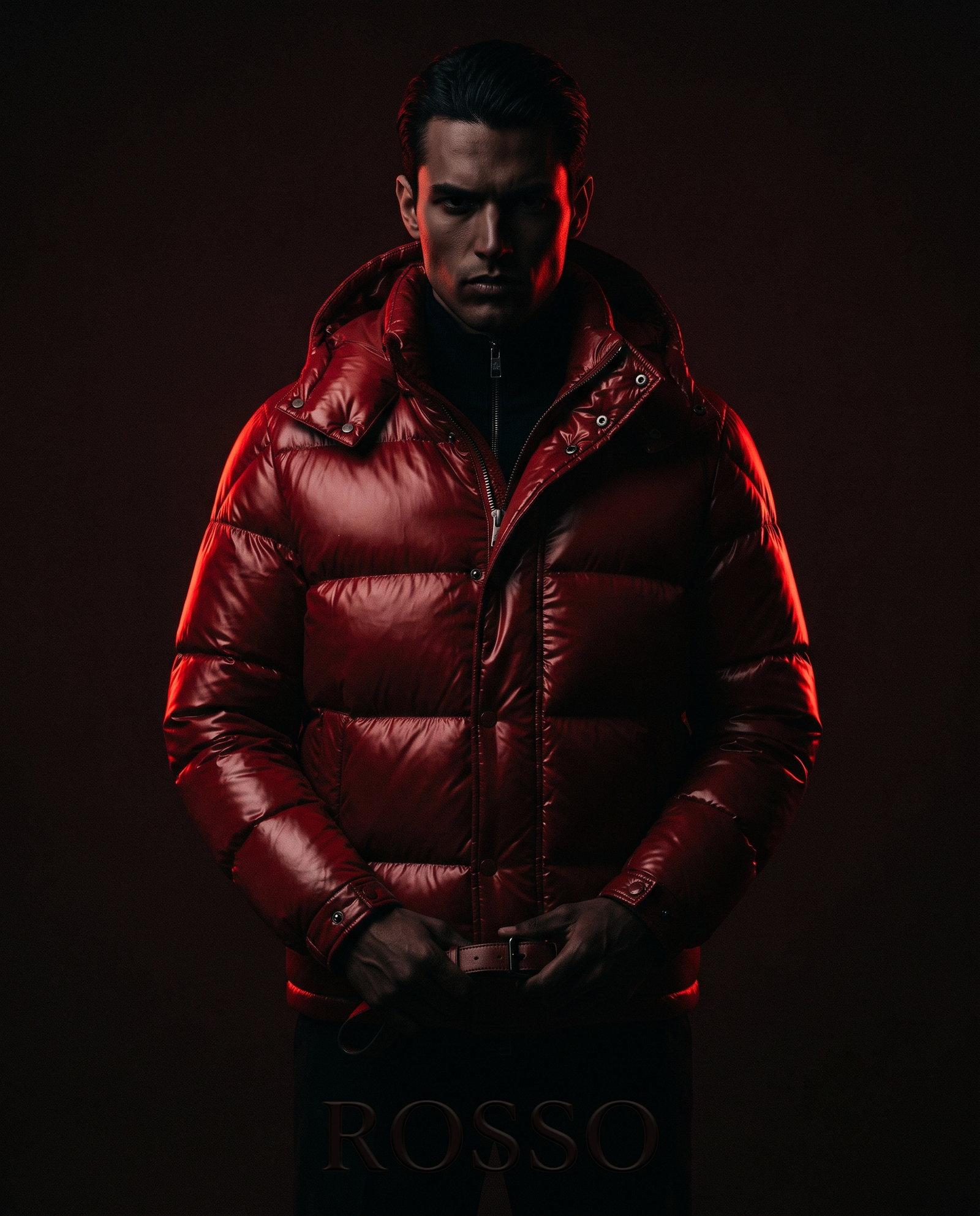 Model in red outerwear against dark background